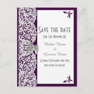 Lila och vit traditionell spets save the date meddelande vykort