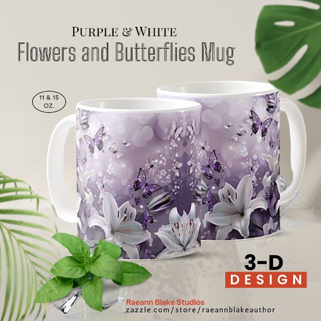 Lila och vita 3D-blommor och fjärilar-mugg Kaffemugg (Skapare uppladdad)
