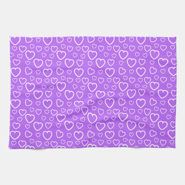 Lila och Vita Kärlek Hearts Mönster Kökshandduk (Horisontell)