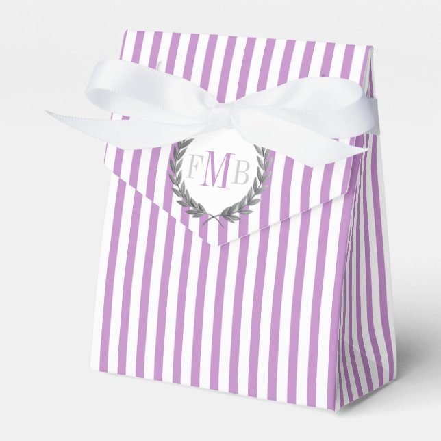 Lila och vita randiga monogram bröllop presentaskar (Framsidan Sidan)