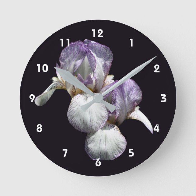 Lila och vita skäggirisblommor  rund klocka (Framsida)