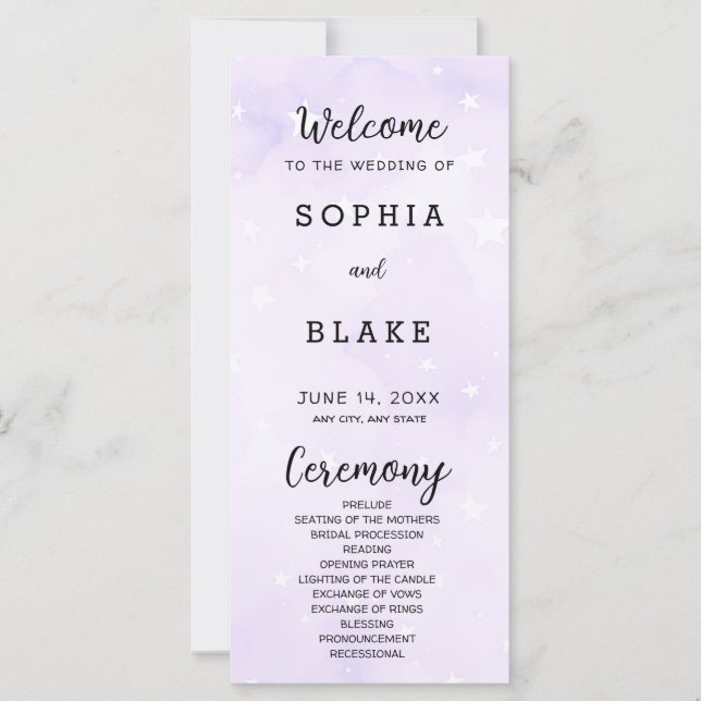 Lila och vita stjärnor Celestial Bröllopsprogram (Framsida)