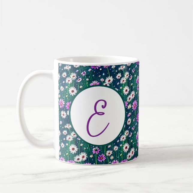 Lila och vita tusenskönor mönster monogram kaffemugg (Vänster)