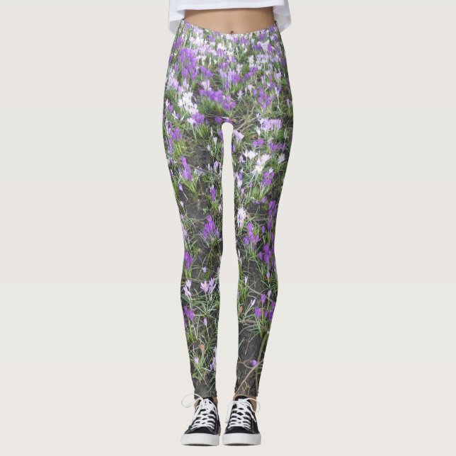 Lila och vita Vår blommor Leggings (Framsida)