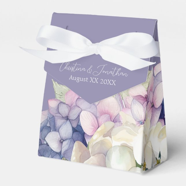 Lila och vita vattenfärgshortisior på lavendel presentaskar (Framsidan Sidan)