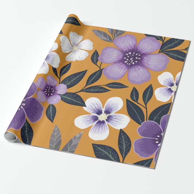 Lila- och vitblommor på en bakgrund av senap presentpapper (Utrullad)