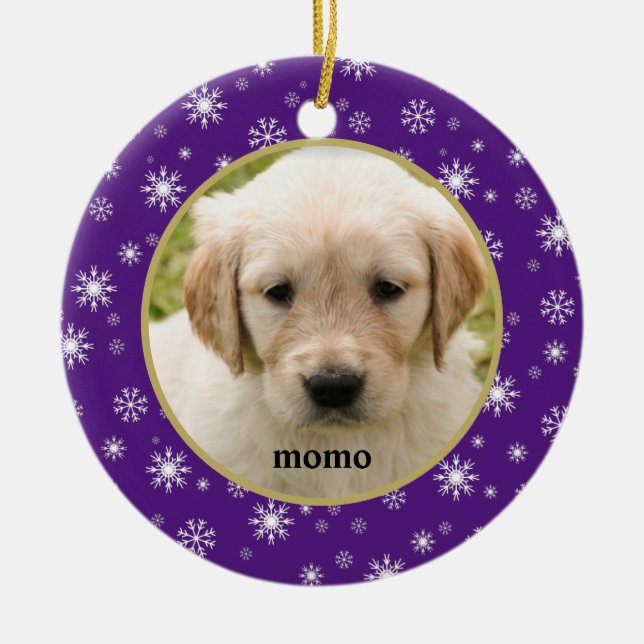 Lila och vitt snöflingor, kärnmjöl eller Hund Julgransprydnad Keramik (Framsidan)