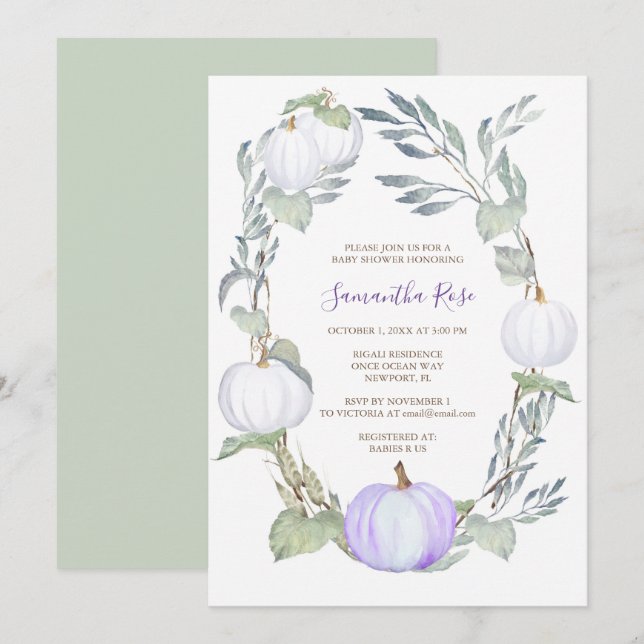 Lila och WHITE PUMPKIN Greenery BABY Shower Inbjudningar (Fram/baksida)