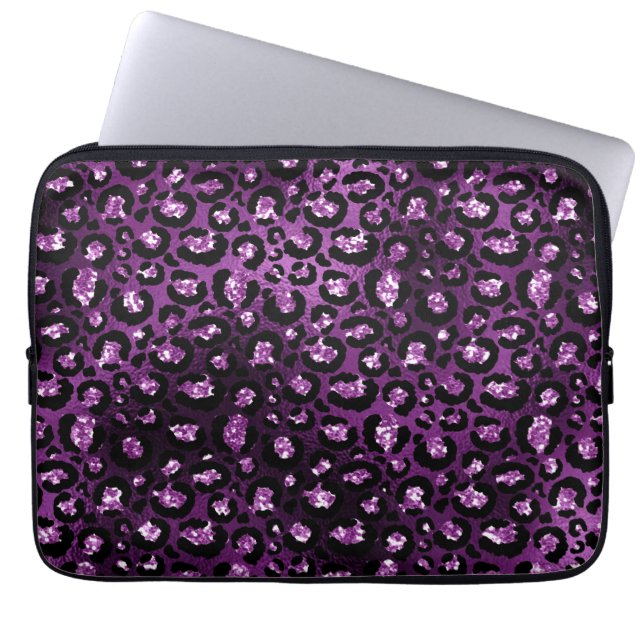 Lila Ombre & Black Glam Glitter Leopard Spots Laptop Fodral (Framsidan)