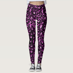 Lila Ombre & Black Glam Glitter Leopard Spots Leggings