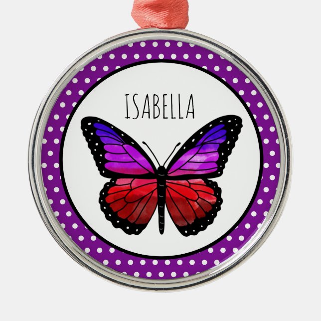 Lila Ombre Butterfly Polka Dot Personlig Julgransprydnad Metall (Framsidan)
