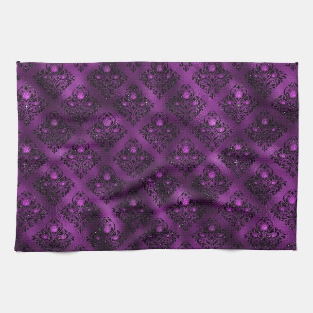 Lila Ombre Glam Glitter Damask Pattern Kökshandduk (Horisontell)