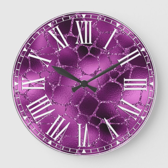 Lila Ombre Glam Glitter Girafffläckar Mönster Stor Klocka (Framsida)