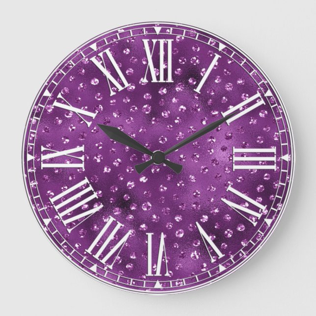 Lila Ombre Glam Glitter Polka dots Mönster Stor Klocka (Framsida)