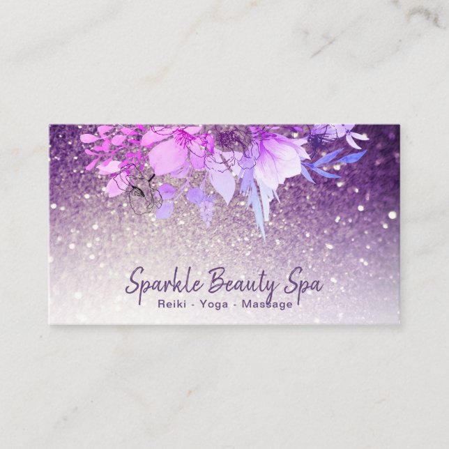 ~ Lila Ombre Glitter Beauty Blommigt Spa Visitkort (Framsida)