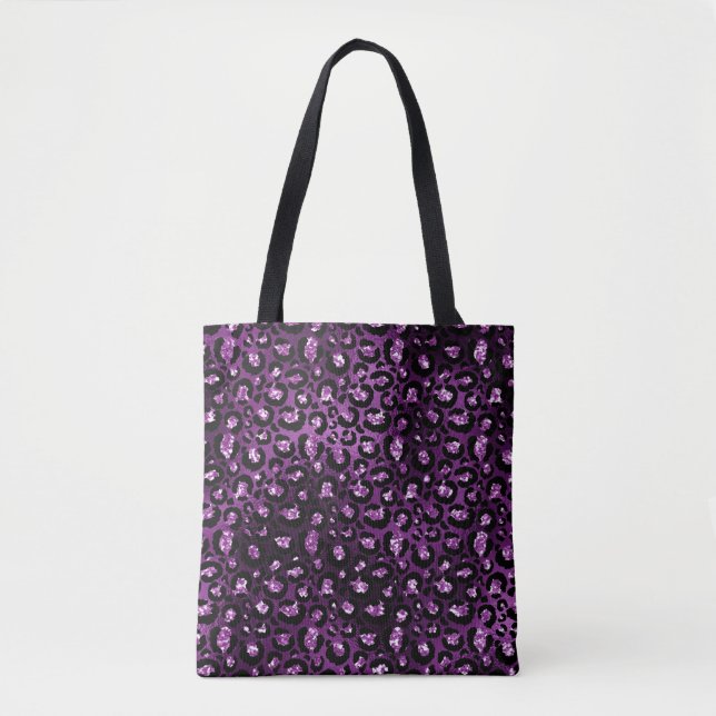 Lila Ombre & Svart Glam Glitter Leopardsmäckar Tygkasse (Framsida)