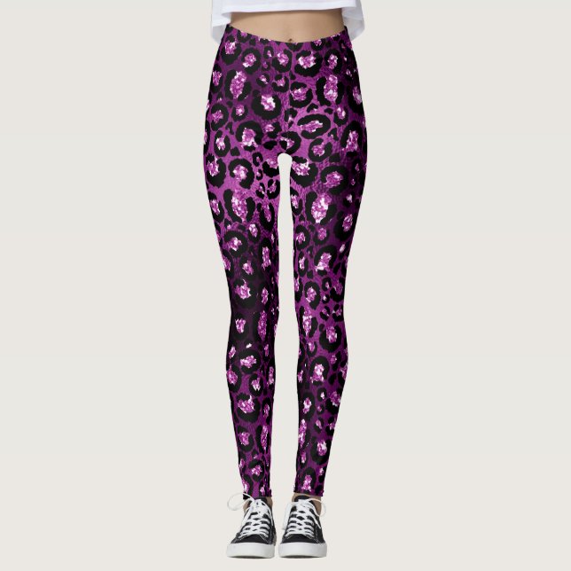 Lila Ombre & Svart Glam Glitter Leopardspräckar Leggings (Framsida)
