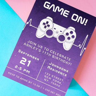 Lila Ombre Video Game Gamer Barns födelsedag Party Inbjudningar