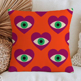Lila onda ögon hjärtan på bränd orange funky kudde