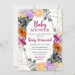 Lila Orange Black Flowers Ram Baby Shower Inbjudningar