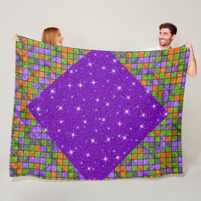 LILA ORANGE BLACK GRÖNT HALLOWEEN CUBE MÖNSTER FLEECEFILT (På plats)