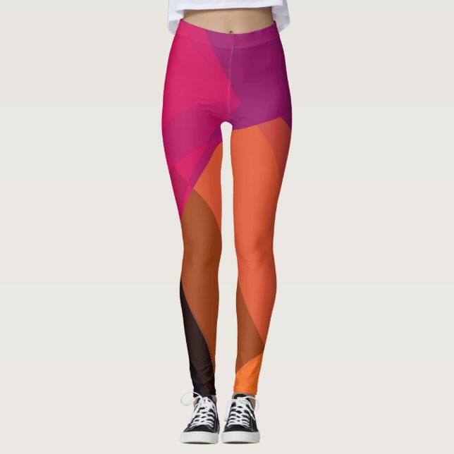 Lila Orange Black Modern Geometric Mönster Leggings (Framsida)