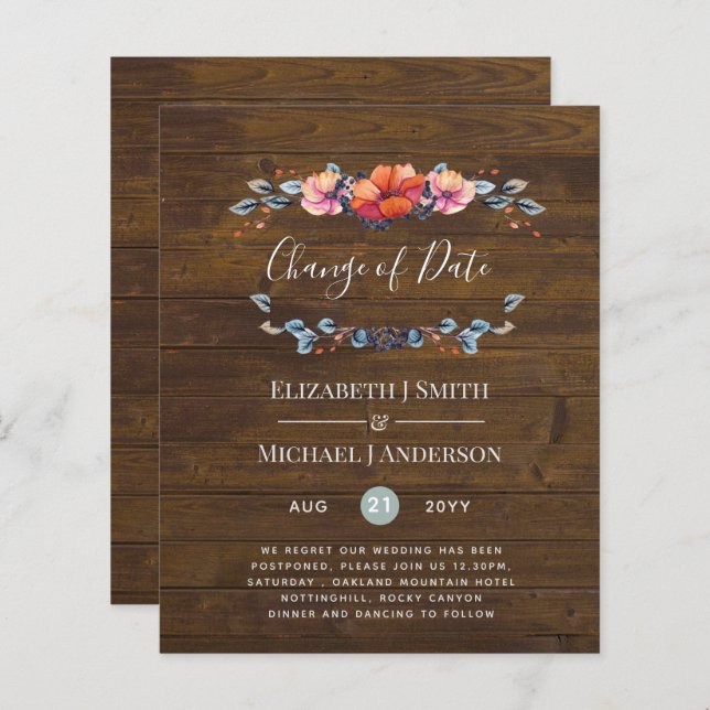 Lila Orange Blommigt Bröllop Ändring av datum (Fram/baksida)