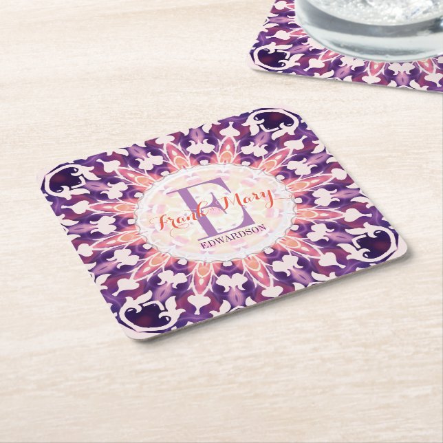 Lila Orange Bluebell Sol Monogram Papper Underlägg (Vinklad)