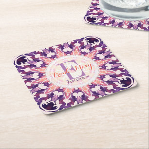 Lila Orange Bluebell Sol Monogram Papper Underlägg Kvadrat