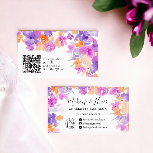 Lila Orange Boho blommor blommigt makeup hair Visitkort (Purple Orange Boho flowers floral makeup hair Business Card)