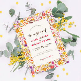 Lila Orange Boho Wildblomma Foliage Bröllop Inbjudningar