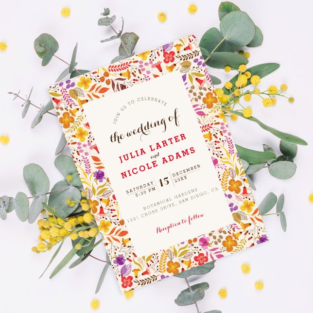 Lila Orange Boho Wildblomma Foliage Bröllop Inbjudningar (Skapare uppladdad)