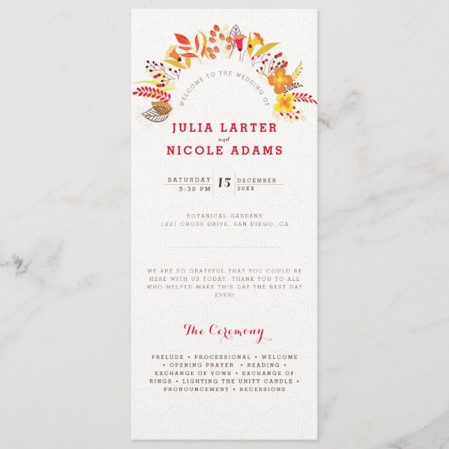 Lila Orange Boho Wildblomma Foliage Bröllop Program (Framsida)
