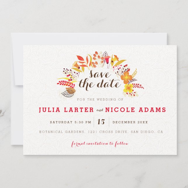 Lila Orange Boho Wildblomma Foliage Bröllop Spara Datumet (Framsida)