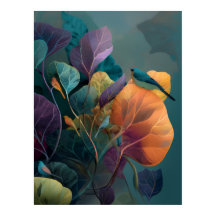 Lila Orange Botaniska Fåglar Vägg Poster Beskrivni