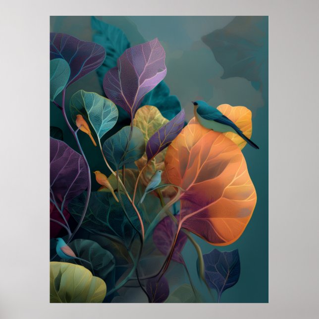 Lila Orange Botaniska Fåglar Vägg Poster Beskrivni (Framsidan)