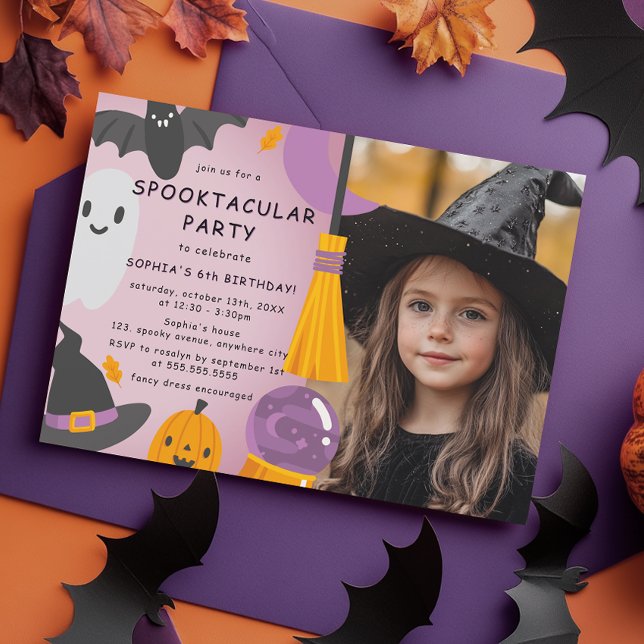 Lila Orange Cute Halloween Barns födelsedag Photo Inbjudningar (Skapare uppladdad)
