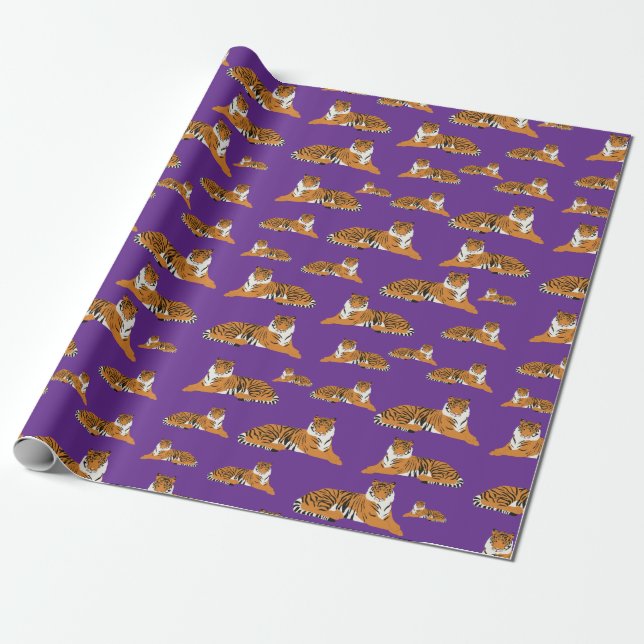 Lila Orange Djungel Tiger Djurmönster  Presentpapper (Utrullad)