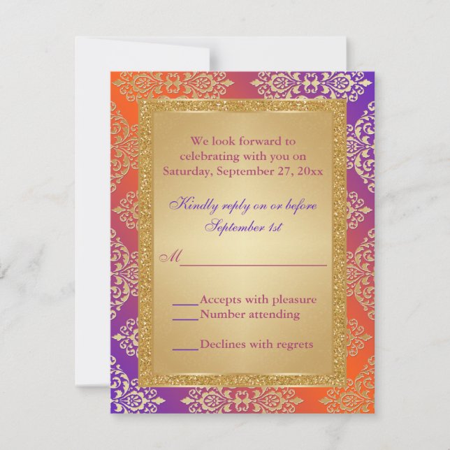Lila Orange FALSK Guldglitter, Damask RSVP-kort OSA Kort (Framsida)
