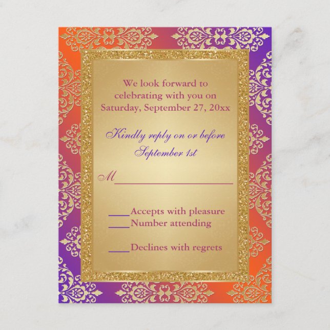 Lila Orange FALSK Guldglitter, Damask RSVP-kort OSA Kort (Framsida)