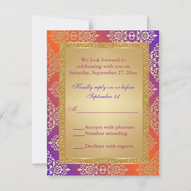 Lila Orange FALSK Guldglitter, Damask RSVP-kort OSA Kort (Framsida)
