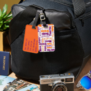 Lila Orange flerspråkig Tack typografi Bagagebricka