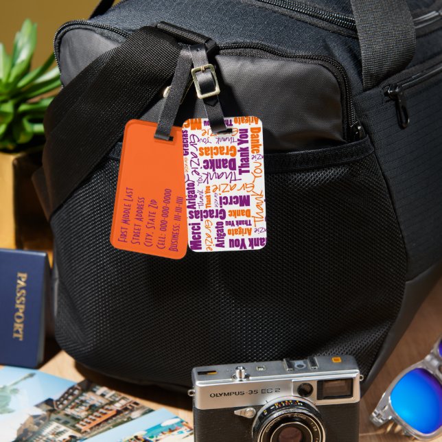 Lila Orange flerspråkig Tack typografi Bagagebricka (Fram & Baksida)