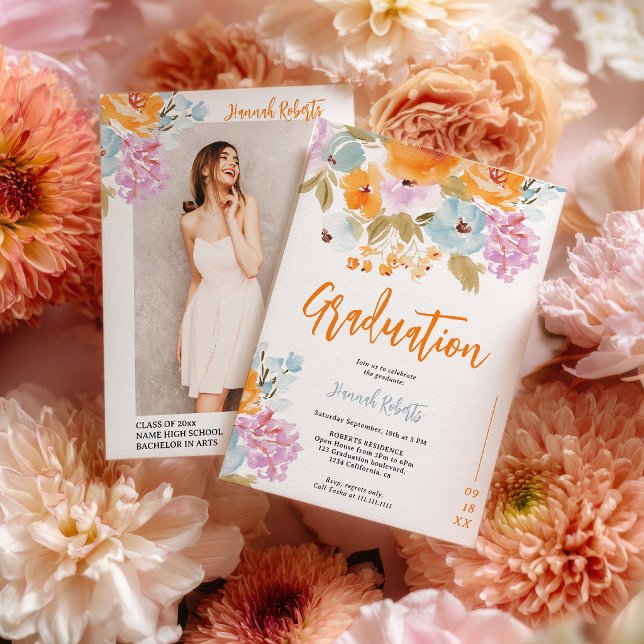 Lila Orange foto Boho blommande examen Inbjudningar (Purple Orange photo Boho floral graduation Invitation)