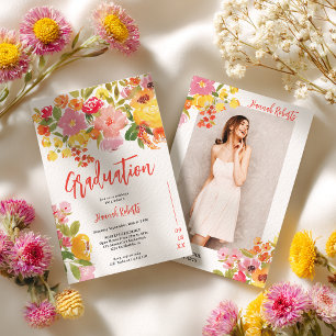 Lila Orange foto Boho blomsterlig examen Inbjudningar