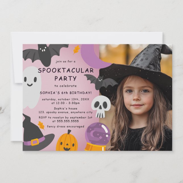 Lila Orange Halloween Barn Födelsedagsfoto Inbjudningar (Framsida)