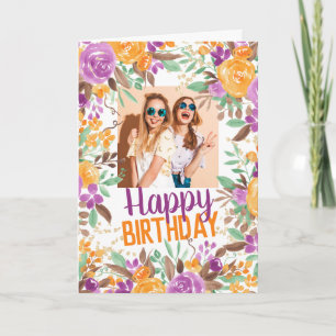 Lila orange höst blomsterglada födelsedagsfoto kort