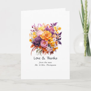 Lila, Orange och Gula Blommiga Bröllop Tack Kort