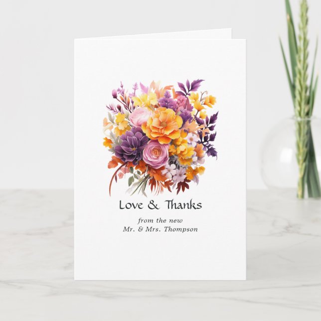 Lila, Orange och Gula Blommiga Bröllop Tack Kort (Framsida)