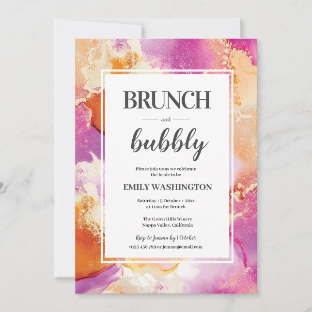Lila, orange och guld Brunch & Bubbly-inbjudan Inbjudningar (Framsida)